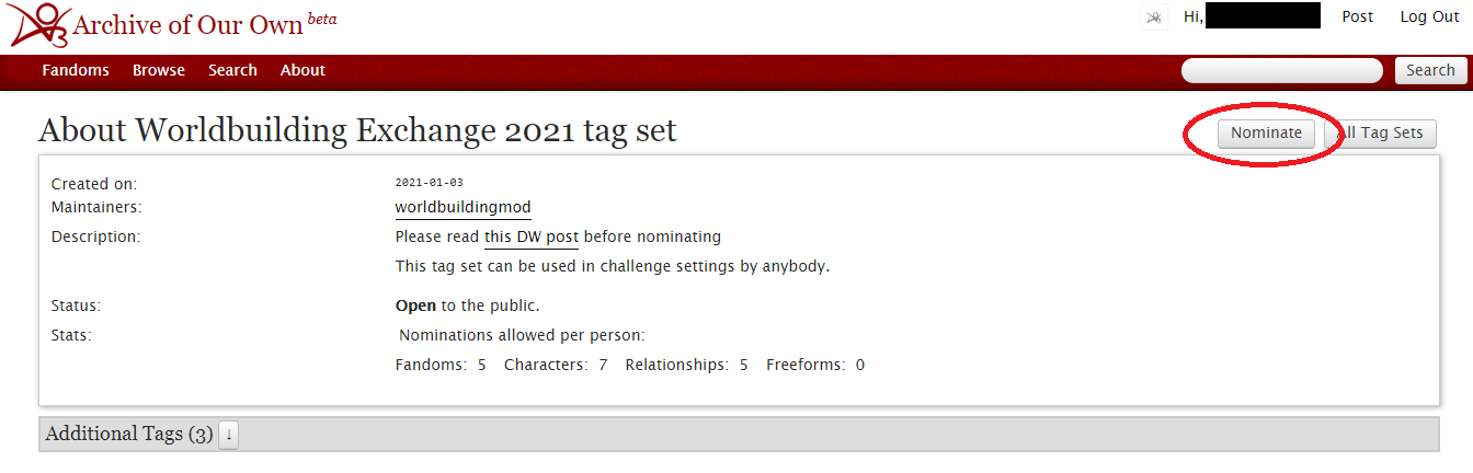 The Worldbuilding Exchange 2021 tag set, with "Nominate" in the top right corner highlighted.