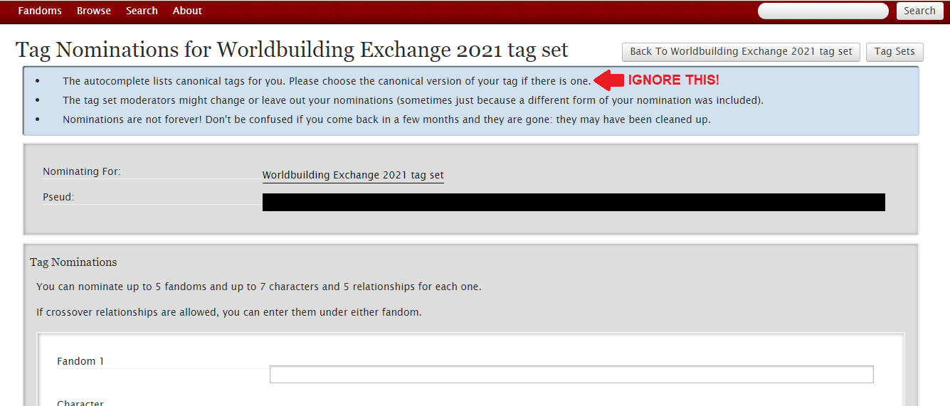 Introductory text on the AO3 nominations screen, with "Ignore this" appended to the instruction to choose a canonical tag if it exists.